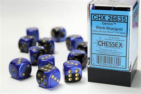 Chessex 16mm Black Blue Gold 12ct Gemini