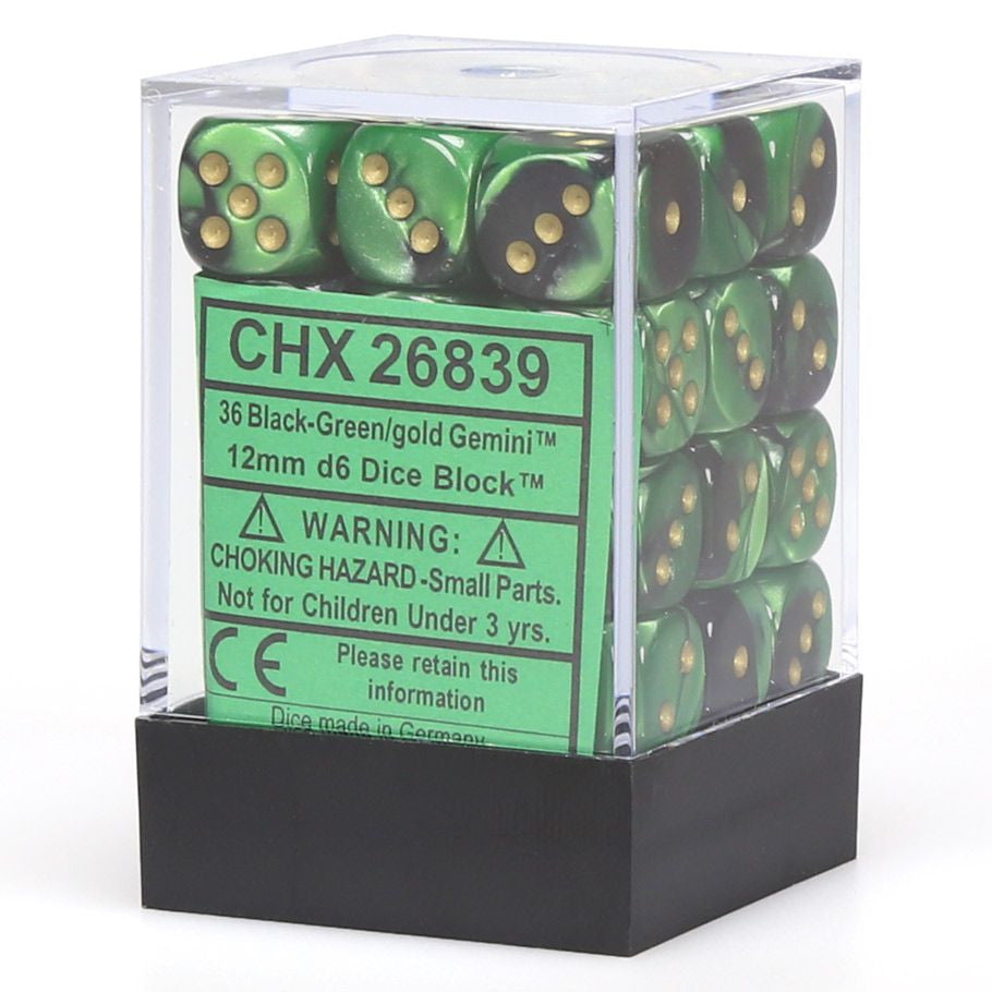 Chessex 12 mm Black Green & Gold 36ct Gemini