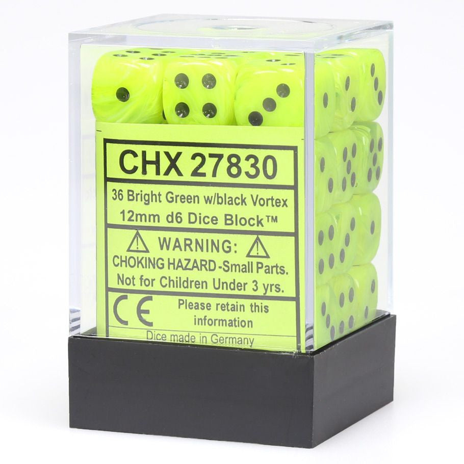 Chessex 12 mm Vortex Bright Green with Black 36ct