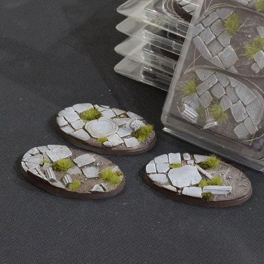 3x 75mm Oval Temple Battle Ready Bases Gamers Grass