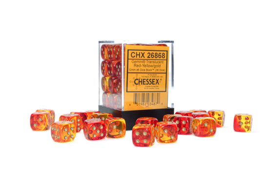 Chessex 12 mm Red Yellow & Gold 36ct Gemini Translucent