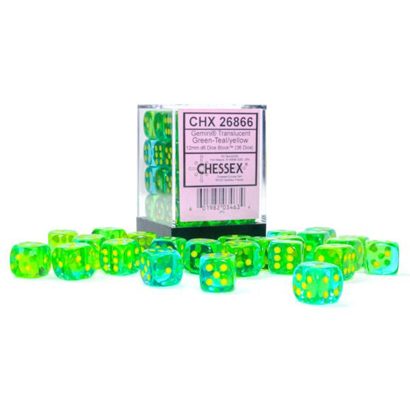 Chessex 12 mm Translucent Green Yellow & Teal 36ct Gemini