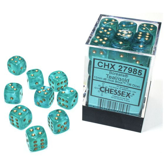 Chessex 12 mm Borealis Teal & Gold 36ct